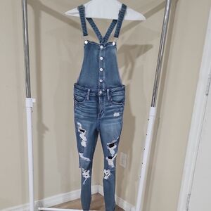 American Eagle Outfitters Blue Ripped Denim Overalls